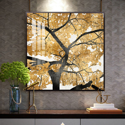 Radiant Tree of Gold Glass Finish Square Wall Art