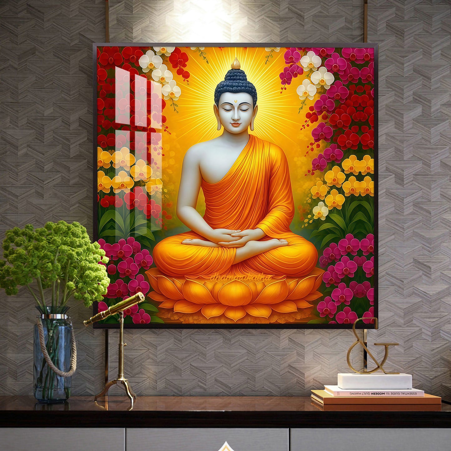 Serene Gautam Buddha Glass Finish Square Wall Art