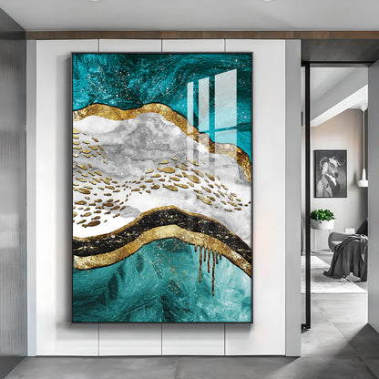 Aqua Gold Cascade Glass Finish Vertical Wall Art