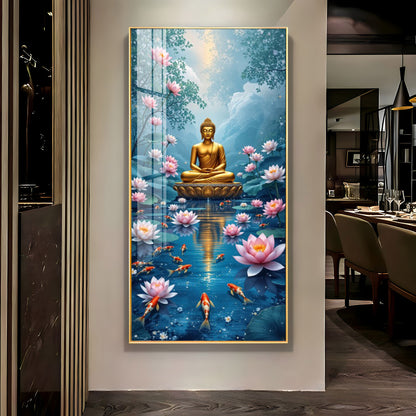 Meditating Budha With Lotus Glass Finish Vertical Wall Art
