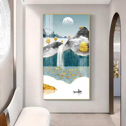 Painting of a Waterfall and Boat Glass Finish Vertical Wall Art