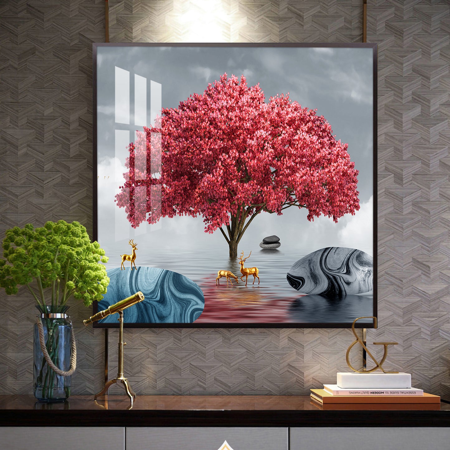 Rosy Bloom Tree Glass Finish Square Wall Art