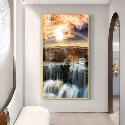 Dusk Over the Falls Glass Finish Vertical Wall Art