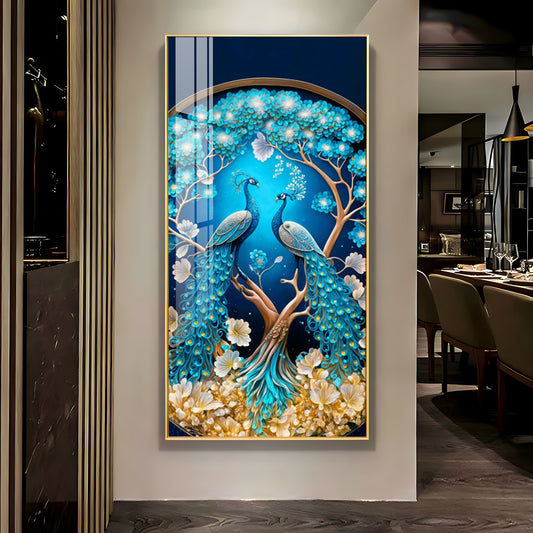 Peacock On Tree Branch Glass Finish Vertical Wall Art