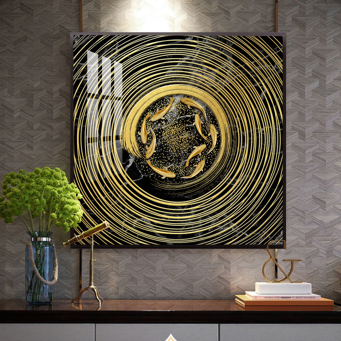 Noir & Gold Fish Glass Finish Square Wall Art