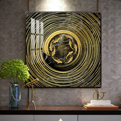 Noir & Gold Fish Glass Finish Square Wall Art