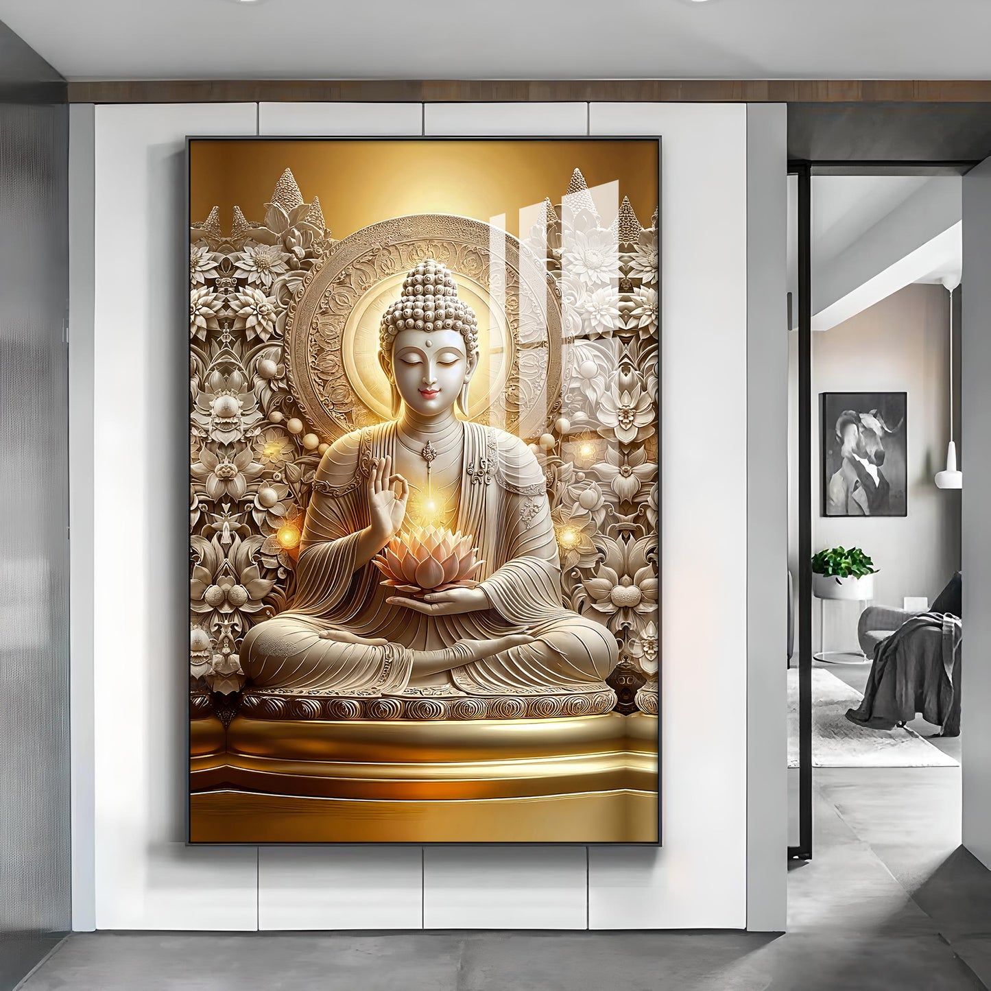 Divine Buddha Glass Finish Vertical Wall Art