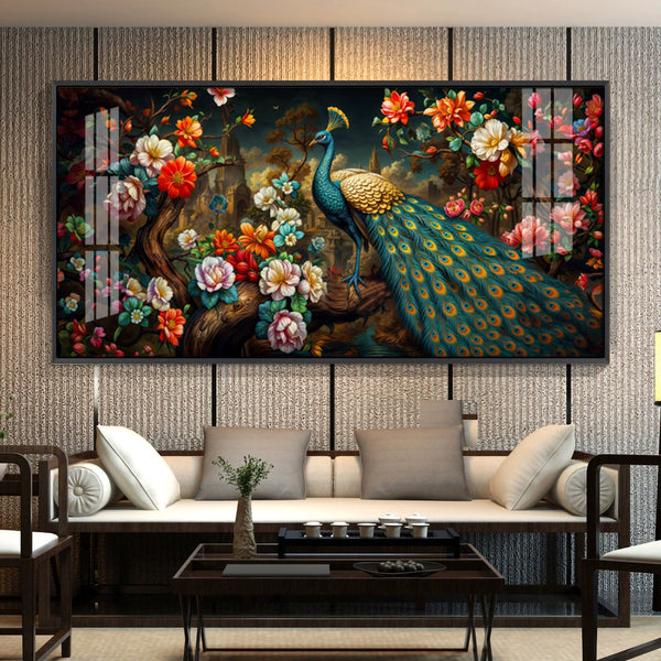 Peacock In Colorful Blossom Glass Finish Horizontal Wall Art