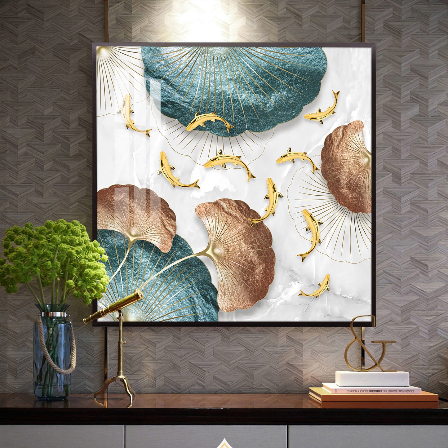 Opulent Blue Gold Flora Glass Finish Square Wall Art