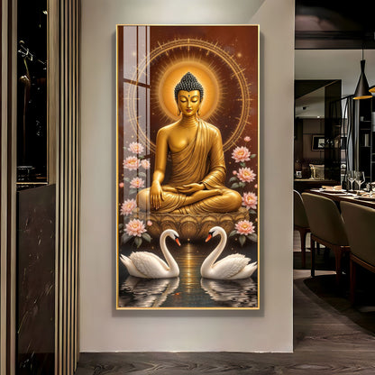 Meditating Budha With Swarn Glass Finish Vertical Wall Art