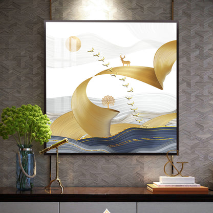 Golden Bird Above the Peaks Glass Finish Square Wall Art