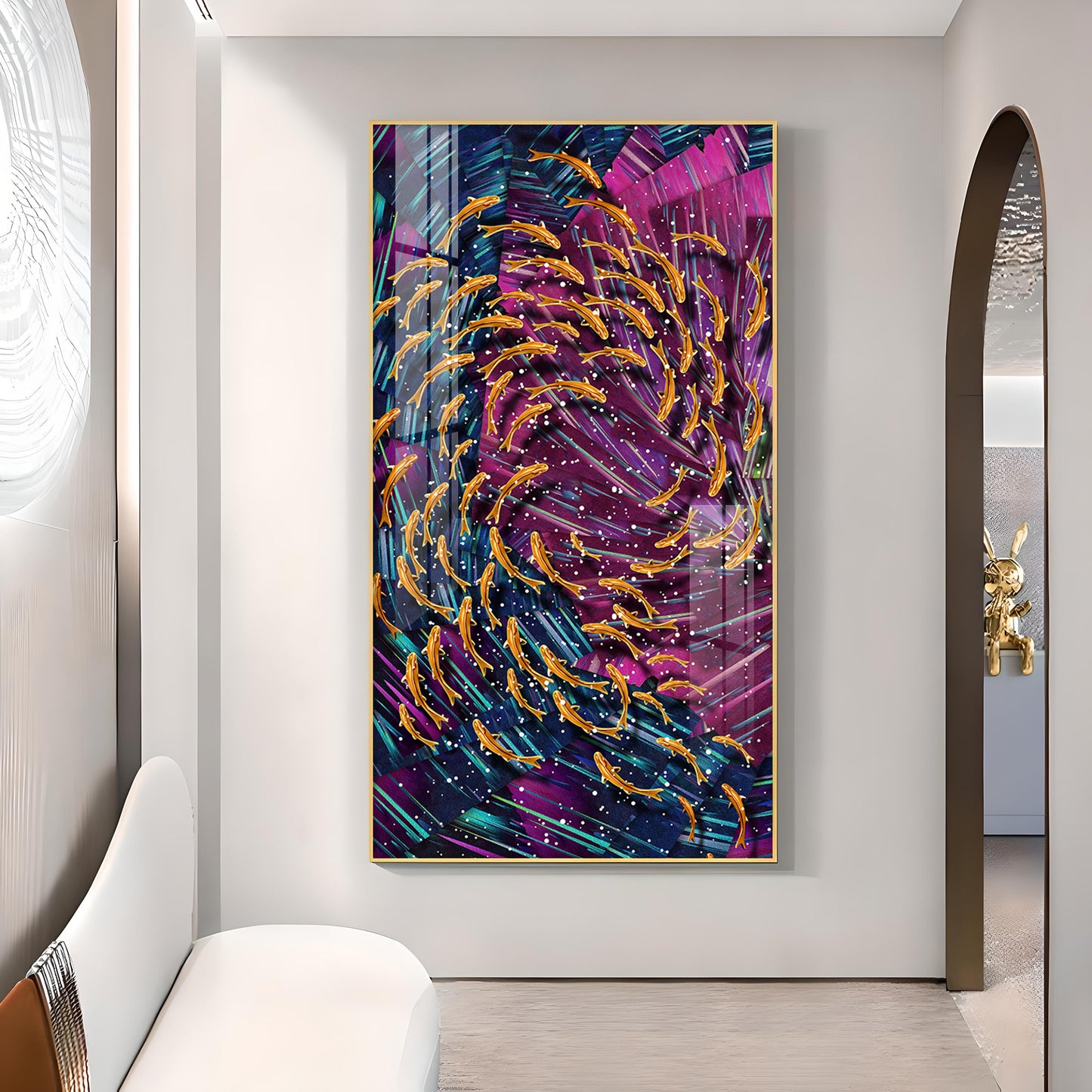 Chromatic Fish Dance Glass Finish Vertical Wall Art