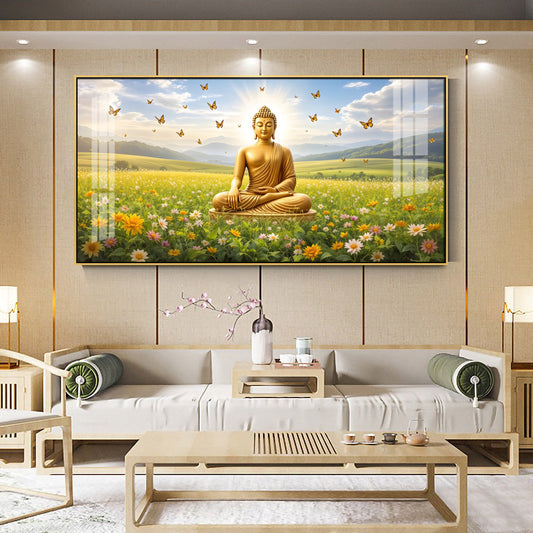 Buddha In Peaceful Nature Glass Finish Horizontal Wall Art