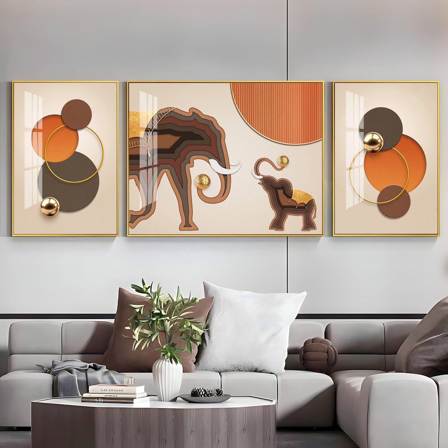 Trio of Elephant Glass Finish Wall Art (Set Of 3)