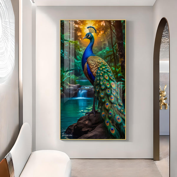 Majestic Peacock by Waterfall Glass Finish Vertical Wall Art