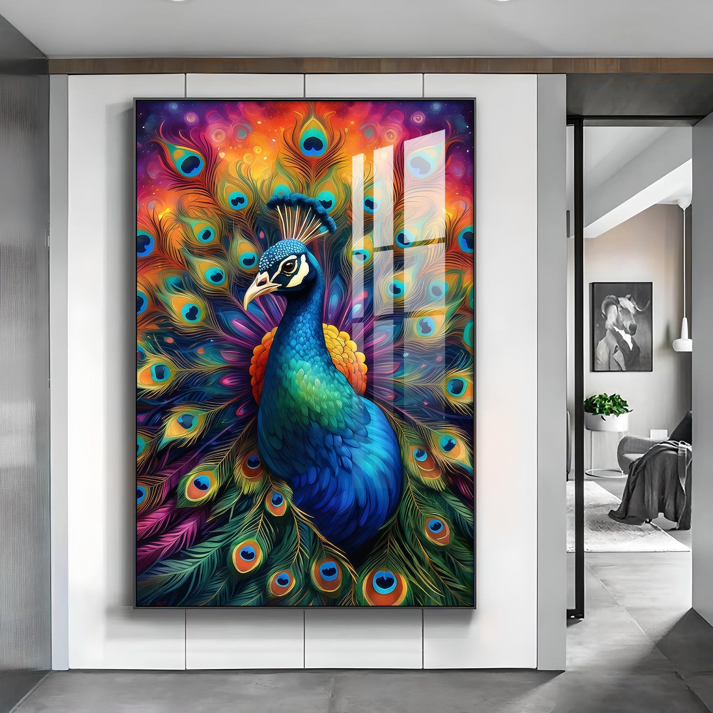 Beautiful Peacock Glass Finish Vertical Wall Art