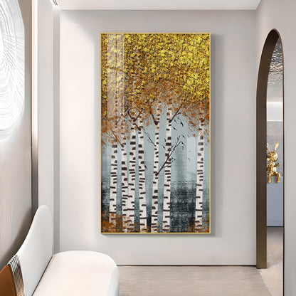 Autumnal Birch Reverie Glass Finish Vertical Wall Art