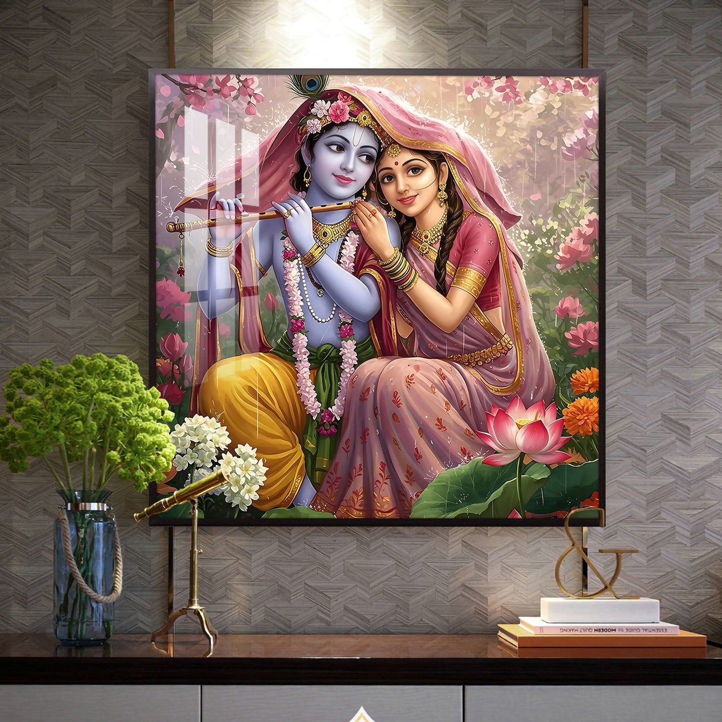 Shri Radha Krishna Glass Finish Square Wall Art