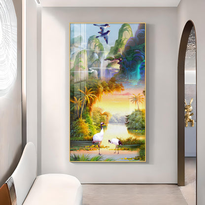 Birds in a Cascading Dream Glass Finish Vertical Wall Art