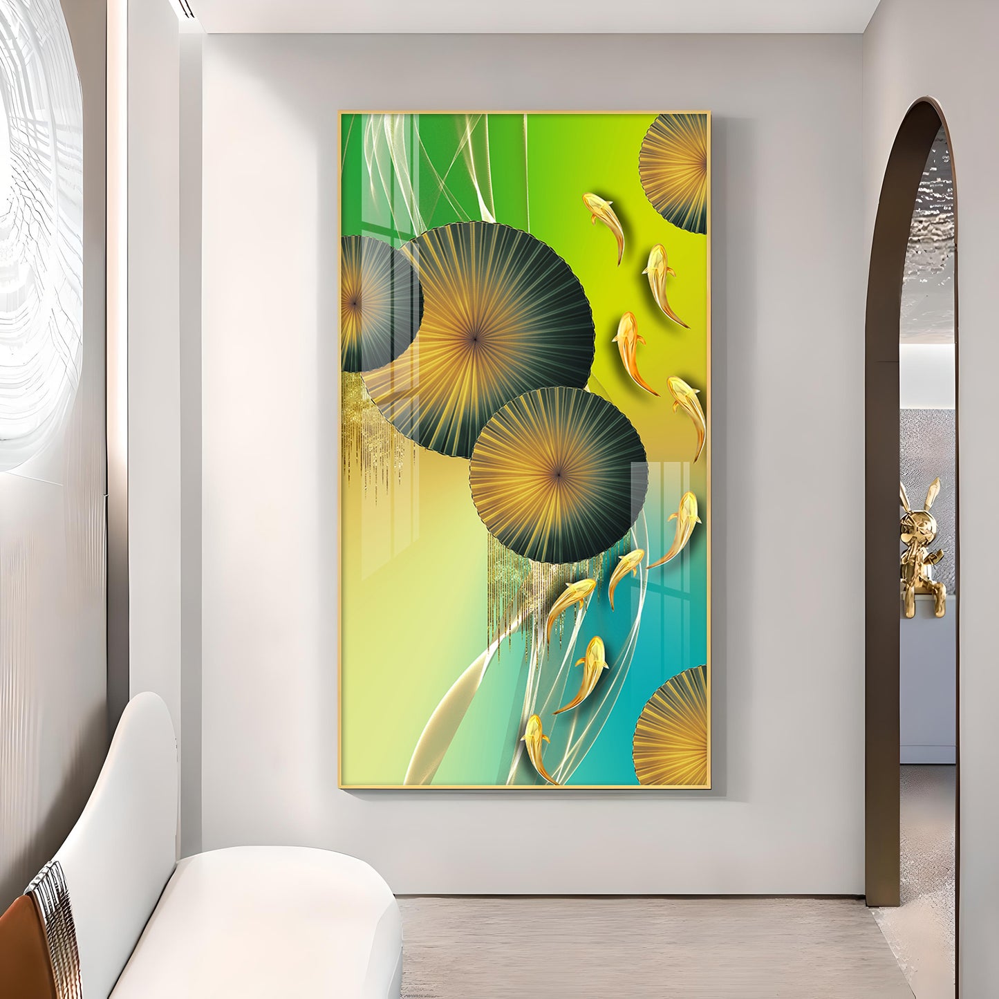 Emerald Oasis Koi Glass Finish Vertical Wall Art