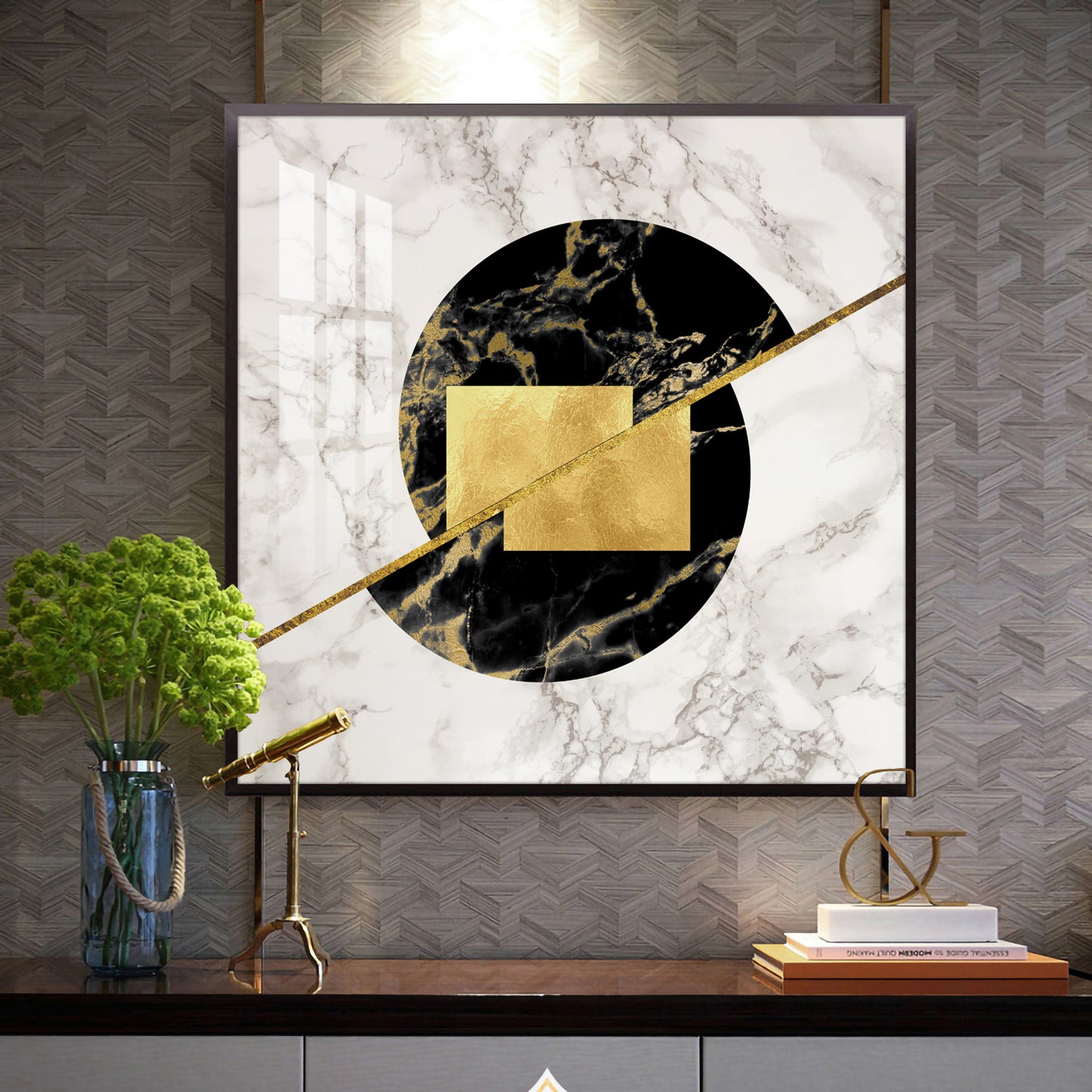 Gold-Infused Black Marble Glass Finish Square Wall Art