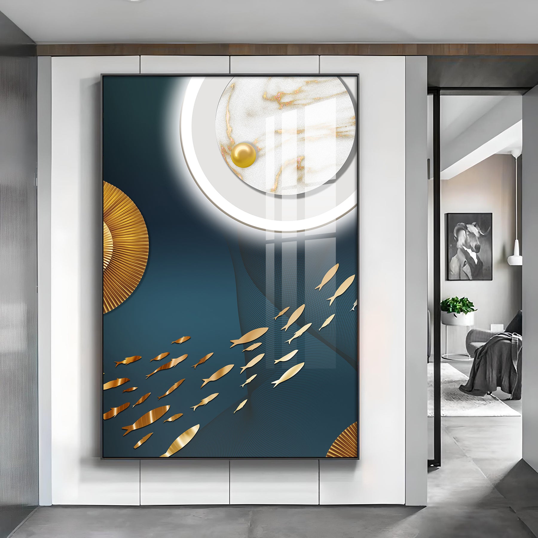 Tranquil Fish In White Space Glass Finish Vertical Wall Art