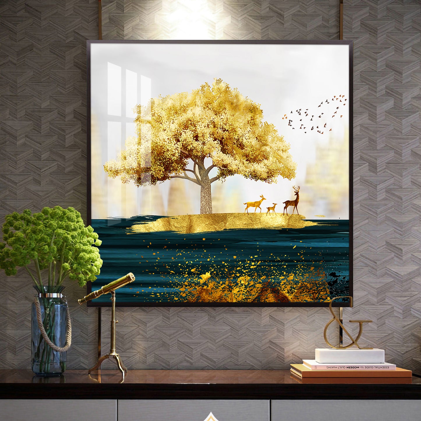 Golden Tree and Deer Glass Finish Square Wall Art