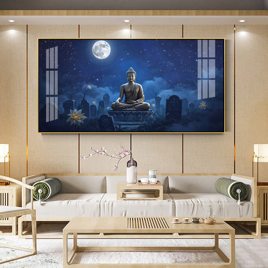 Buddha In Moonlight Glass Finish Horizontal Wall Art