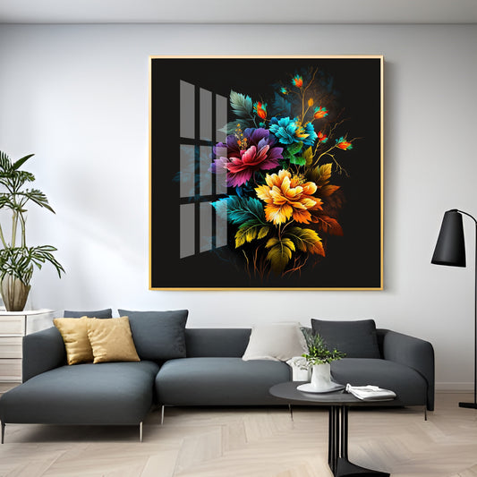 Dark Floral Symphony Glass Finish Square Wall Art