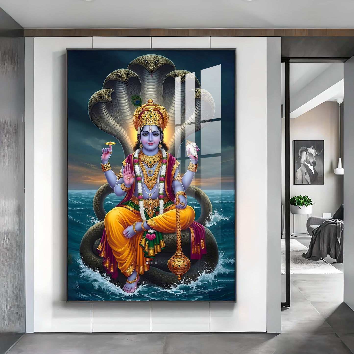 Jay Vishnu Bhagwan Glass Finish Vertical Wall Art