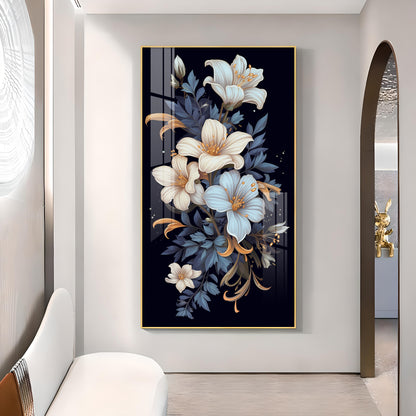 Obsidian Floral Glass Finish Vertical Wall Art