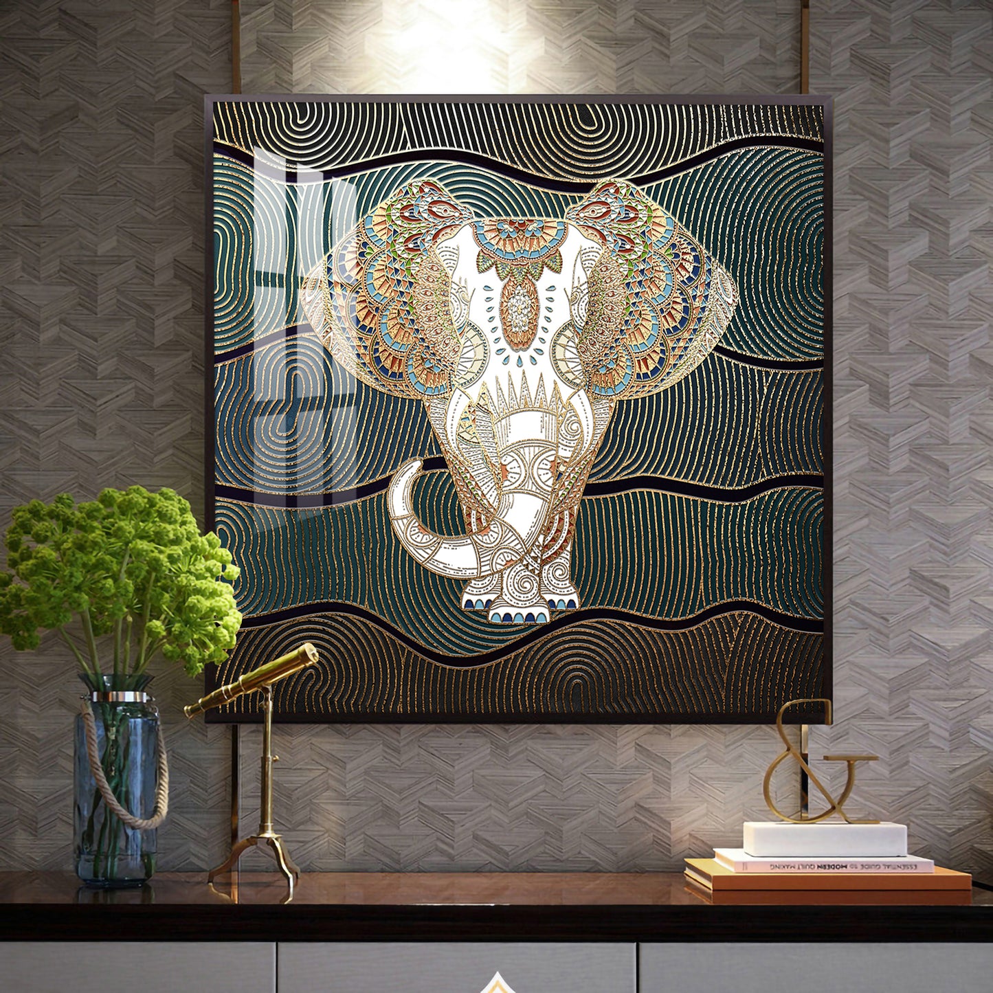 Regal Elephant Portrait Glass Finish Square Wall Art