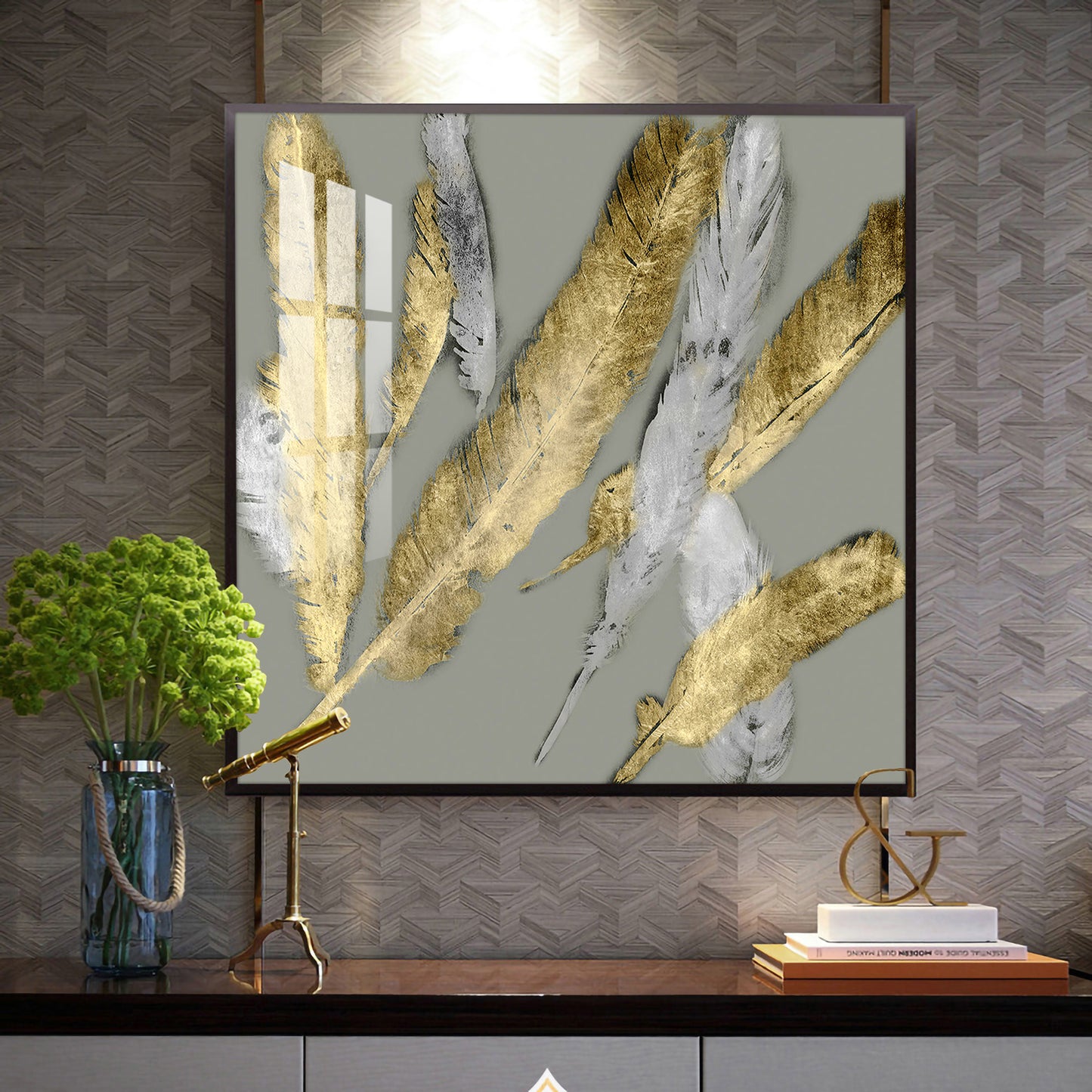 Feathered Elegance Glass Finish Square Wall Art