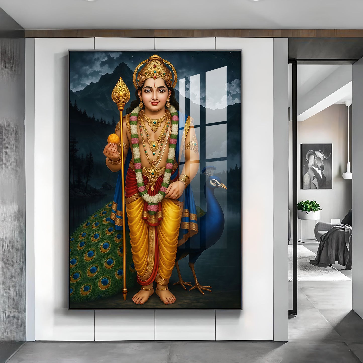 Lord Kartikeya Glass Finish Vertical Wall Art
