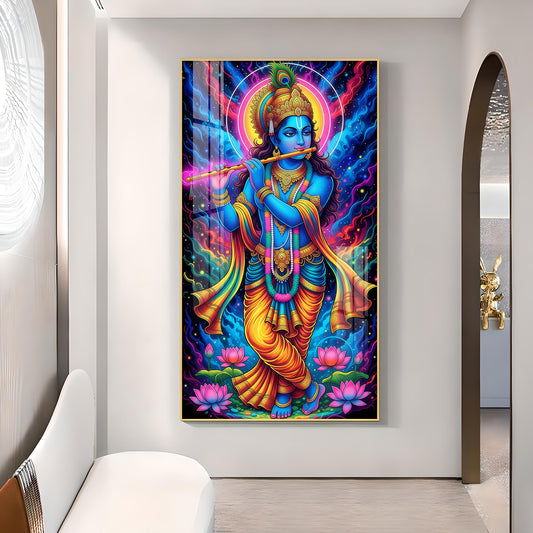 Jai Shree Krishna Glass Finish Vertical Wall Art