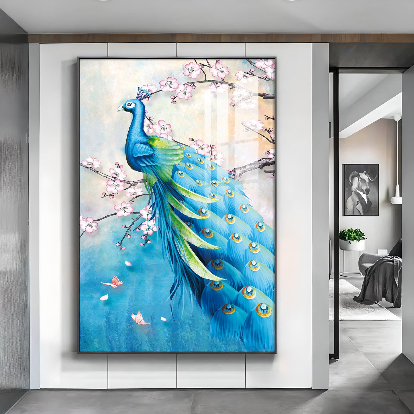 Peacock In Bloom Glass Finish Vertical Wall Art