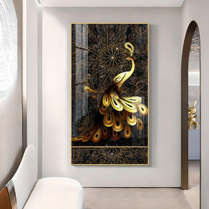 Golden Veil Peacock Glass Finish Vertical Wall Art