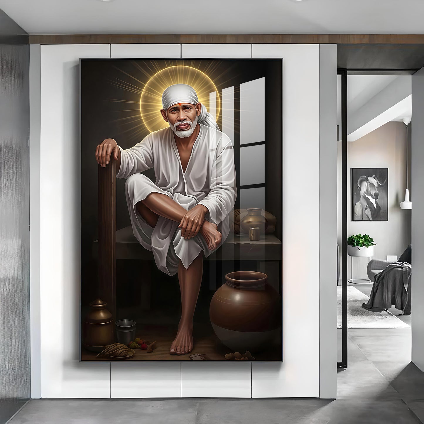 Sai Baba Glass Finish Vertical Wall Art