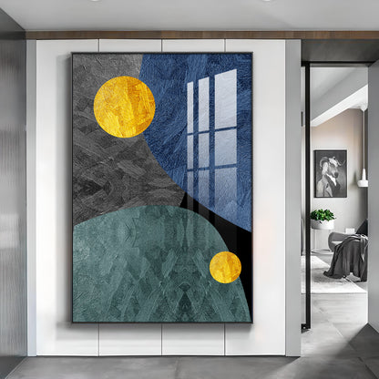 Abstract Yellow and Blue Glass Finish Vertical Wall Art