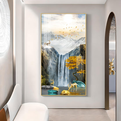 Alpine Gold Reindeer Waterfall Glass Finish Vertical Wall Art