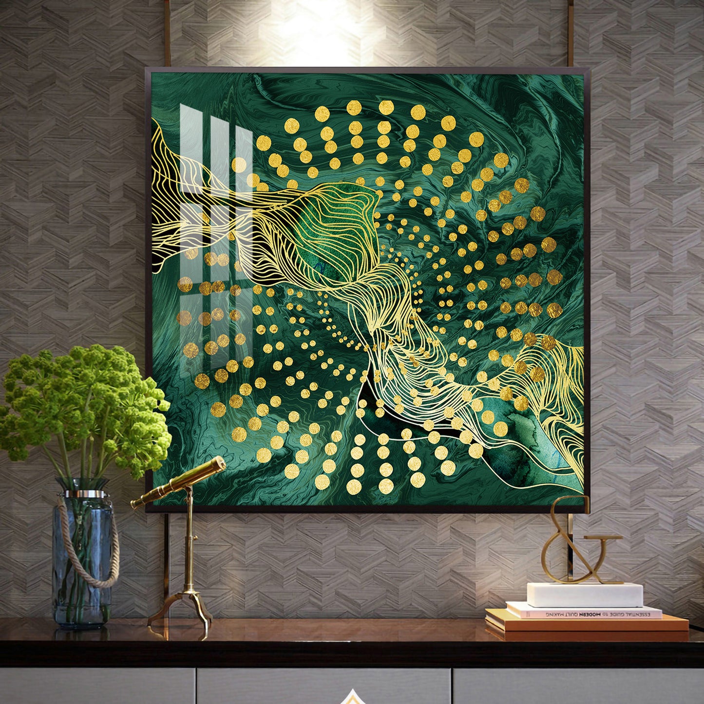 Emerald Abstraction Glass Finish Square Wall Art