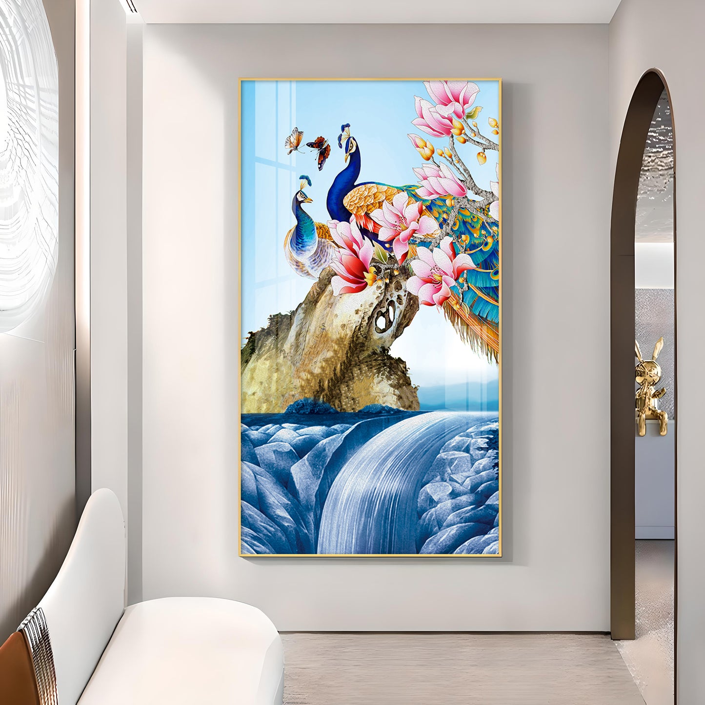 Peacock Amidst Floral Waters Glass Finish Vertical Wall Art