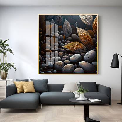 Leaves and Stones Glass Finish Square Wall Art