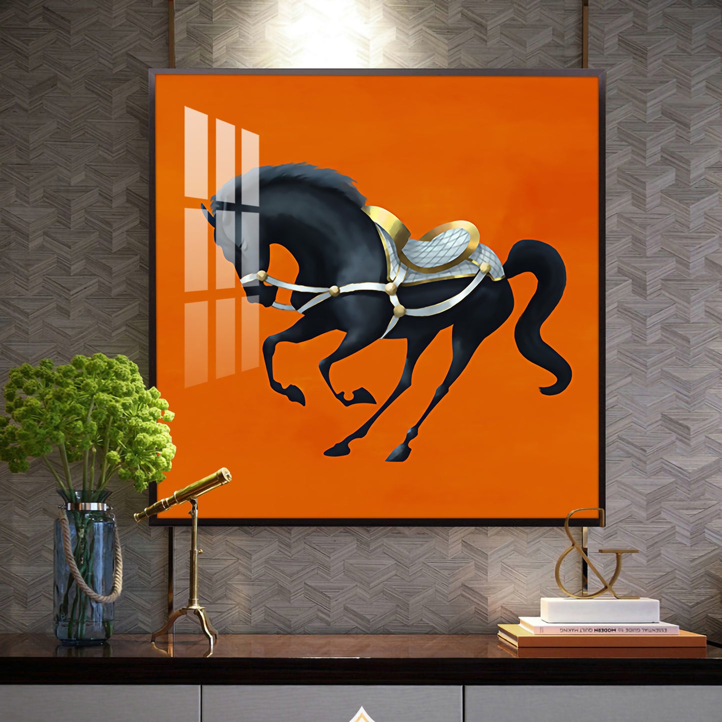 Jumping Horse In Orange Horizon Glass Finish Square Wall Art