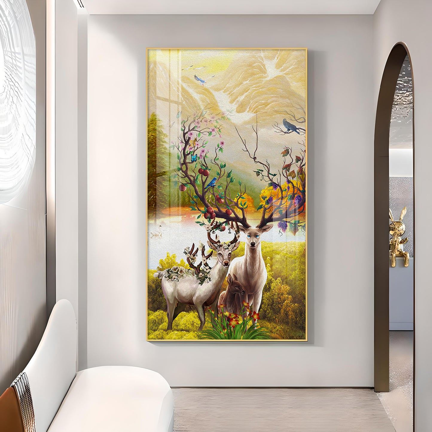 Portrait of Deer and Blossoms Glass Finish Vertical Wall Art