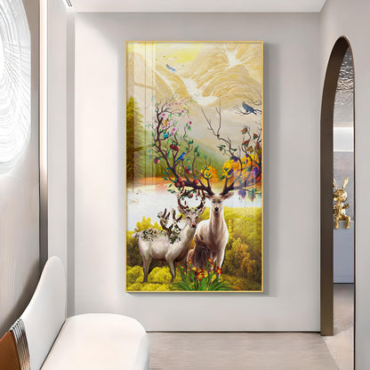 Portrait of Deer and Blossoms Glass Finish Vertical Wall Art