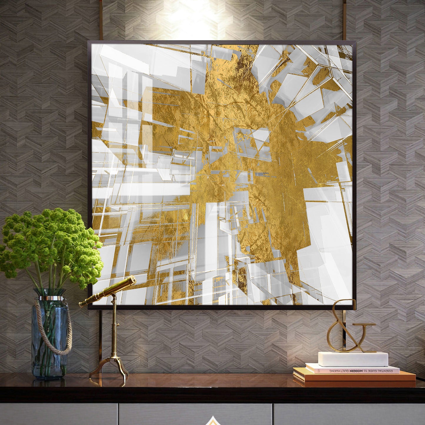 Symphony in Gold and White Glass Finish Square Wall Art