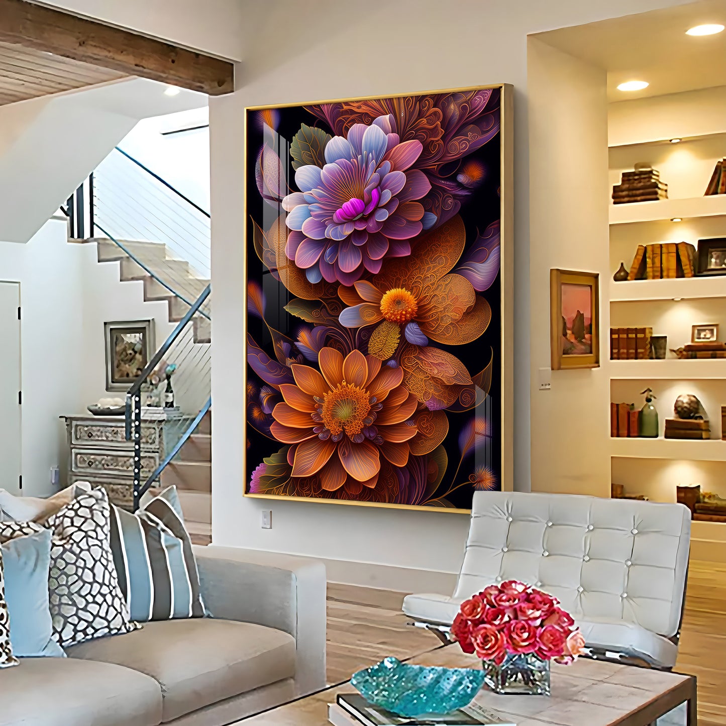 Floral Symphony Glass Finish Vertical Wall Art