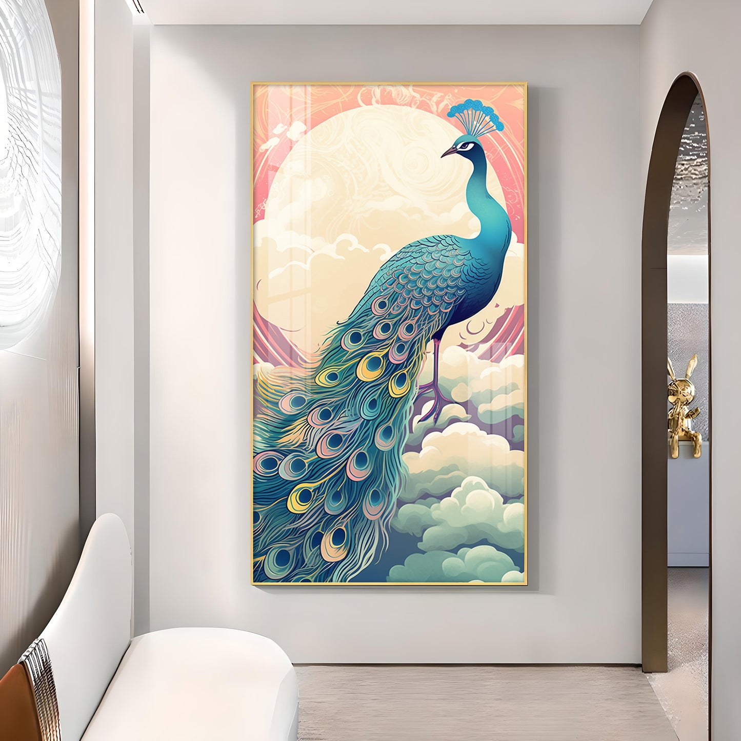 Heavenly Peacock Vista Glass Finish Vertical Wall Art