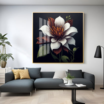 Floral Harmony in White Glass Finish Square Wall Art